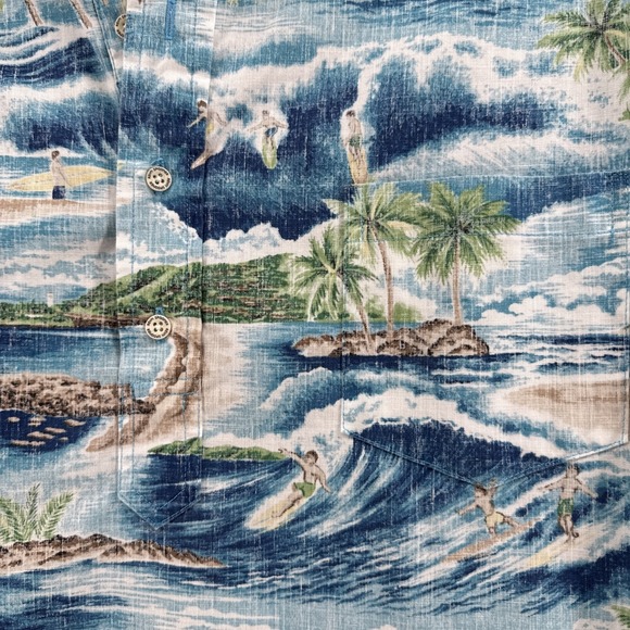 Reyn Spooner Hawaiian Shirt Mens Large Blue Ocean Surfer Print Pullover Pocket - Picture 10 of 10